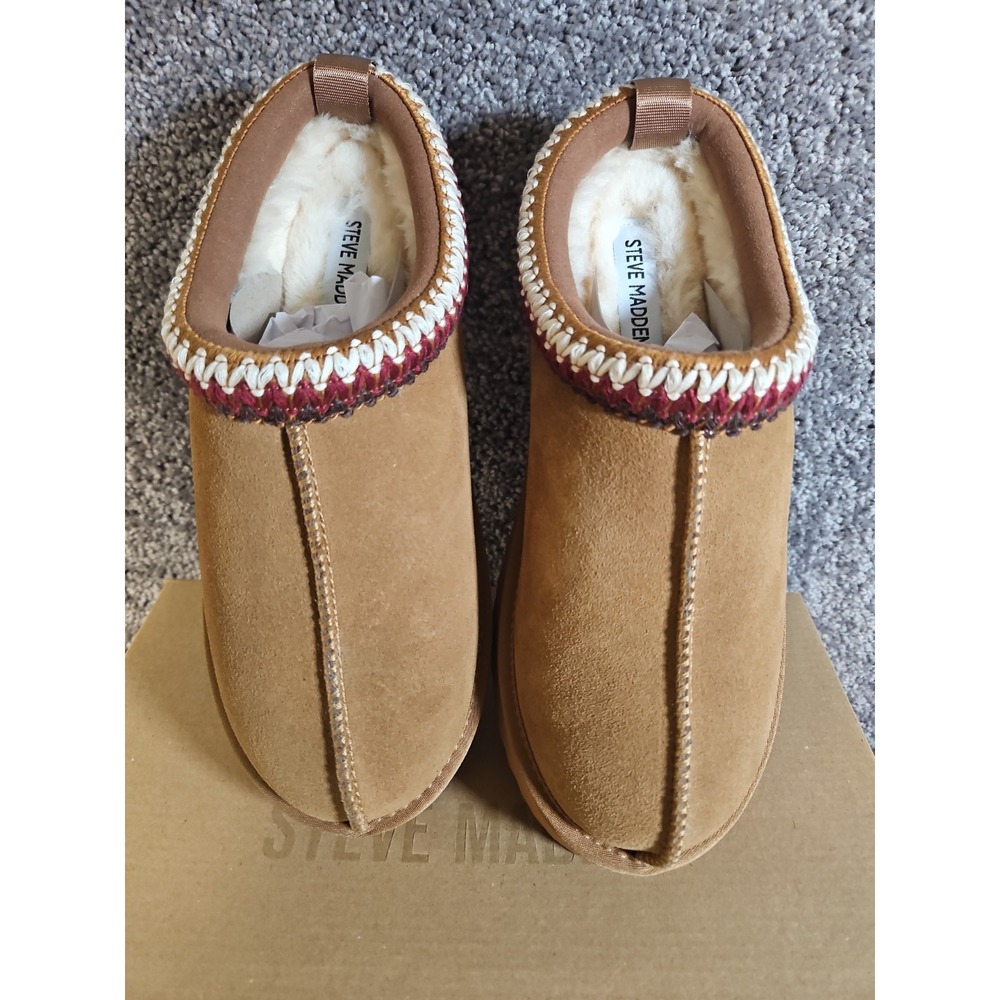 NIB Women's STEVE MADDEN Selena Cognac Suede Slip-On Mule Suede Faux Fur 8 M